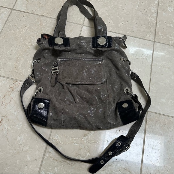 B. MAKOWSKY LEATHER HOBO FOLDING SATCHEL SHOULDER TOTE BAG GRAY SHIMMER PURSE‎ - Picture 1 of 10